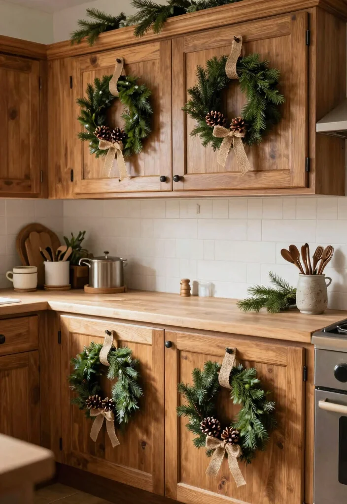 10 Christmas Kitchen Decor Ideas for a Cozy Festive Feel 1. Festive Wreaths on Cabinet Doors 0