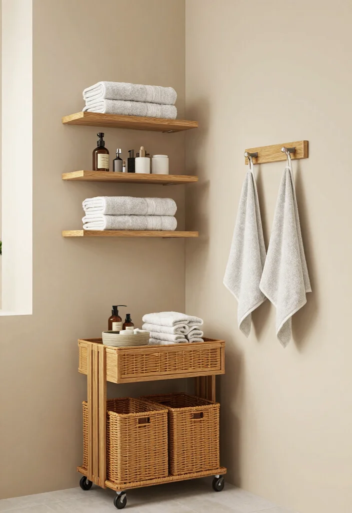 10 Small Beige Bathroom Ideas with Warm Neutral Tones 5. Creative Storage Solutions 0