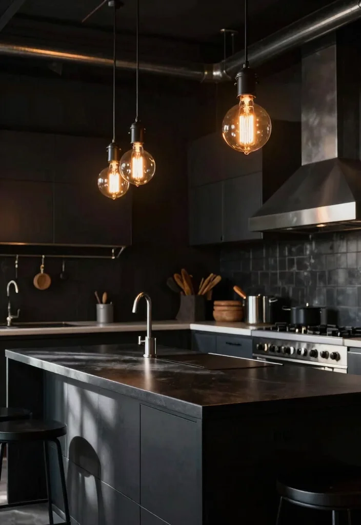 10 Small Black Kitchen Ideas with Bold Modern Contrast 2. Industrial Style Lighting Fixtures 0