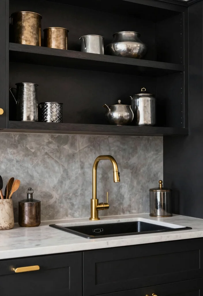 10 Small Black Kitchen Ideas with Bold Modern Contrast 3. Mixed Metal Accents 0