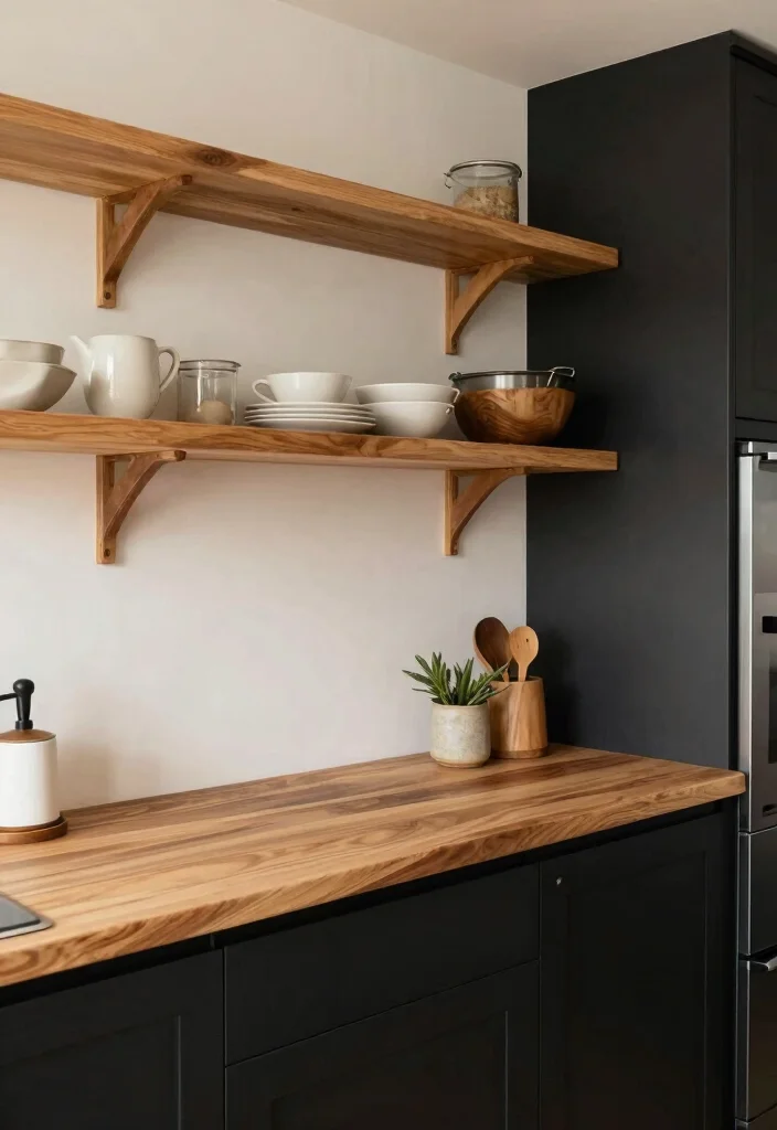 10 Small Black Kitchen Ideas with Bold Modern Contrast 5. Natural Wood Elements 0