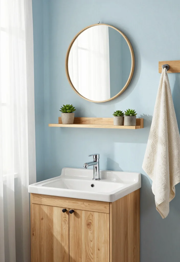 10 Small Blue Bathroom Ideas for a Calm and Airy Feel 3. Light Wood Elements 0