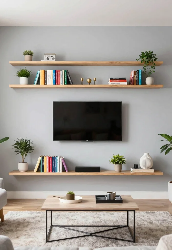 10 Small Living Room Ideas with TV for Smart Layouts 1. Wall Mounted TV with Floating Shelves 0