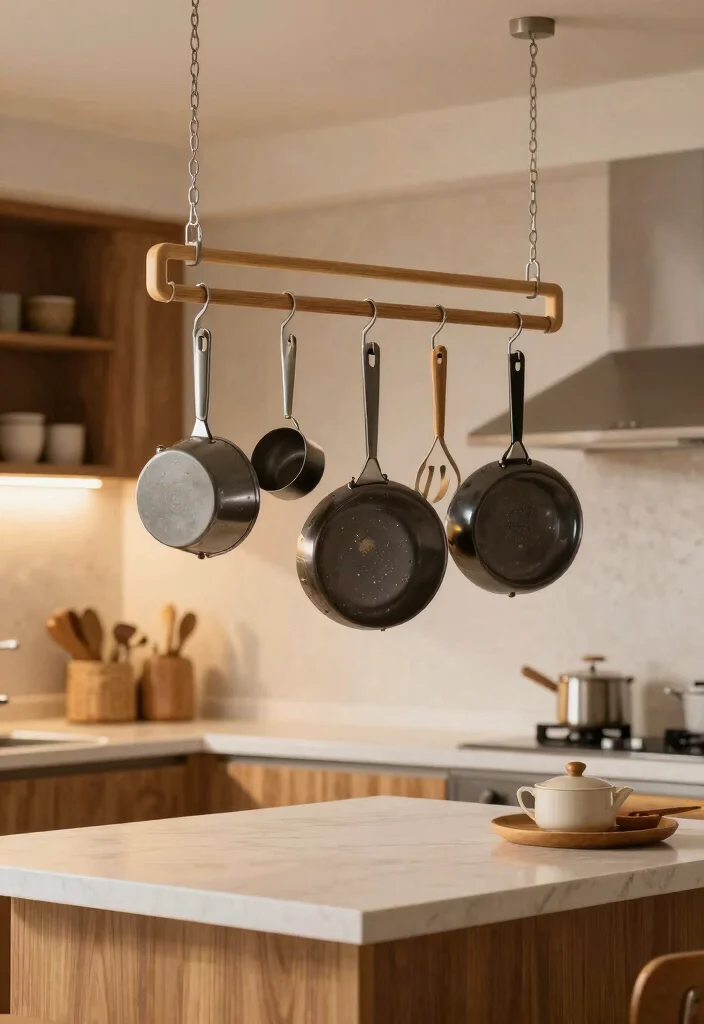 10 Tiny Kitchen Layout Ideas That Use Space Wisely 7. Hanging Pot Racks 0