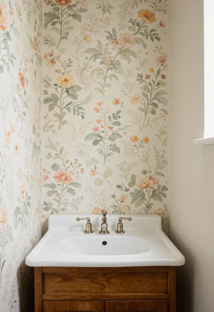 10 Vintage Half Bathroom Ideas with Timeless Character 8. Vintage Inspired Wallpaper 0