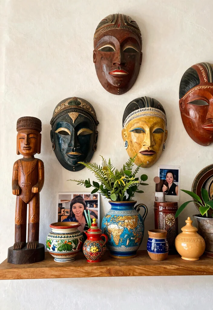 12 African Living Room Ideas with Rich Cultural Style 9. Personal Touches with Travel Souvenirs 0