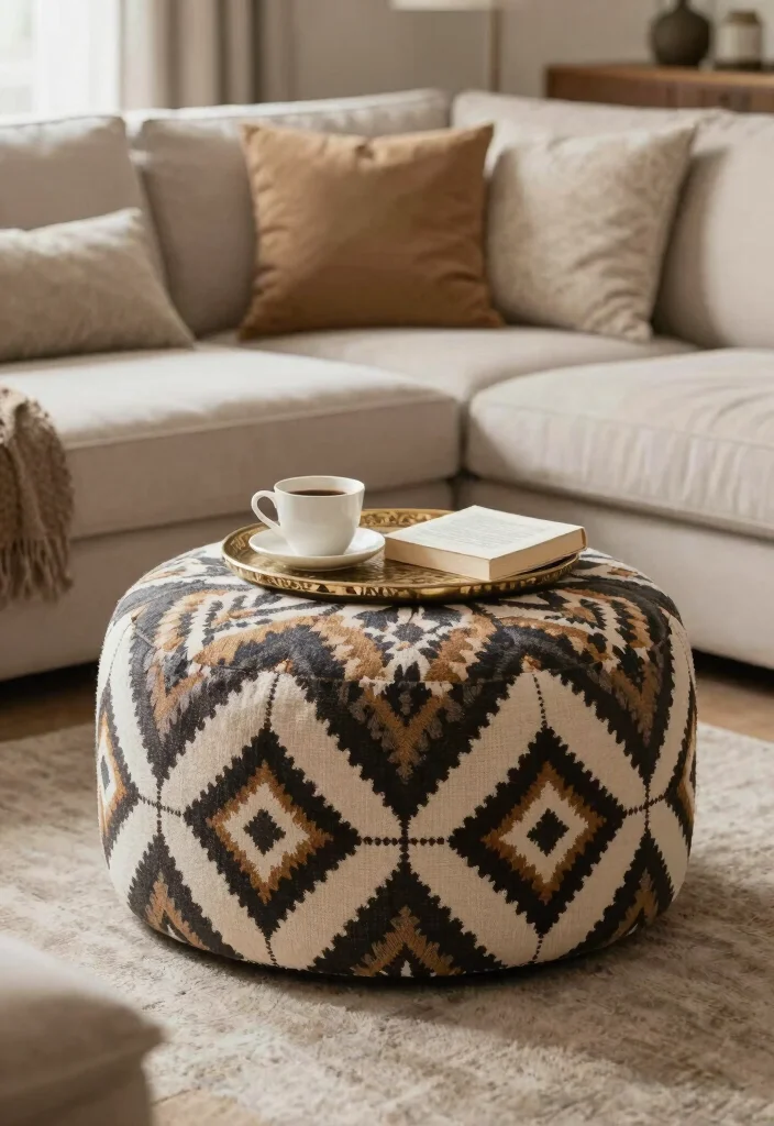 12 Bedroom Sitting Area Ideas for Cozy Relaxing Corners 10. Stylish Ottoman as a Centerpiece 0