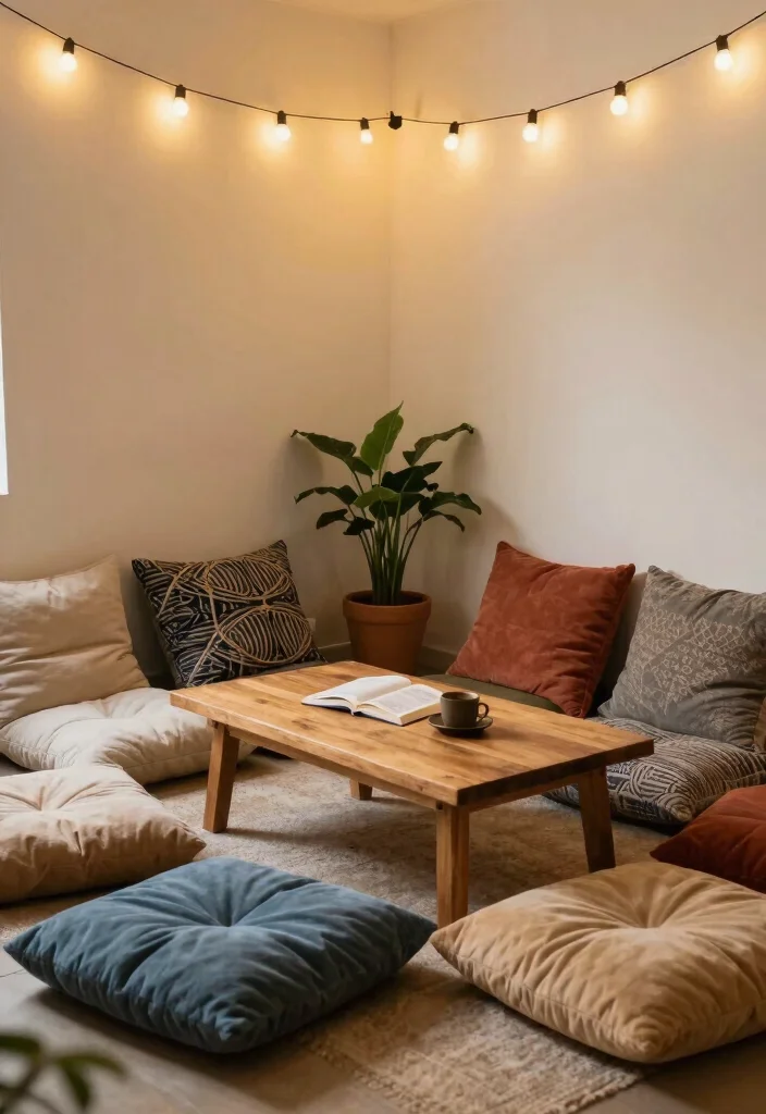 12 Bedroom Sitting Area Ideas for Cozy Relaxing Corners 3. Cozy Corner with Floor Cushions 0