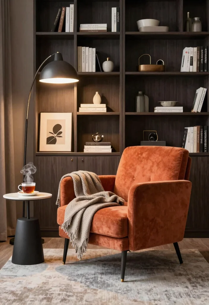 12 Bedroom Sitting Area Ideas for Cozy Relaxing Corners 7. Stylish Armchair and Bookshelf 0
