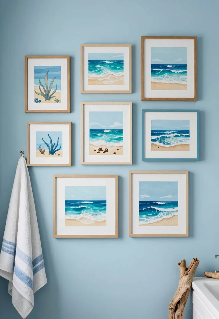 12 Blue Bathroom Decor Ideas for a Clean Coastal Mood 4. Beachy Wall Art 0