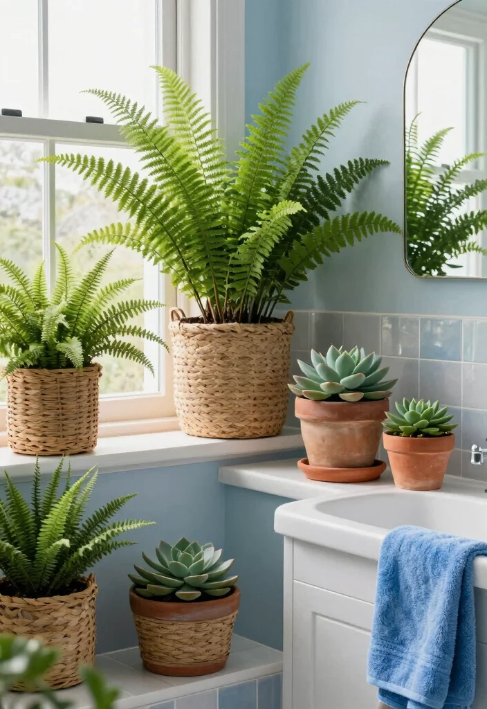 12 Blue Bathroom Decor Ideas for a Clean Coastal Mood 9. Fresh Coastal Greenery 0