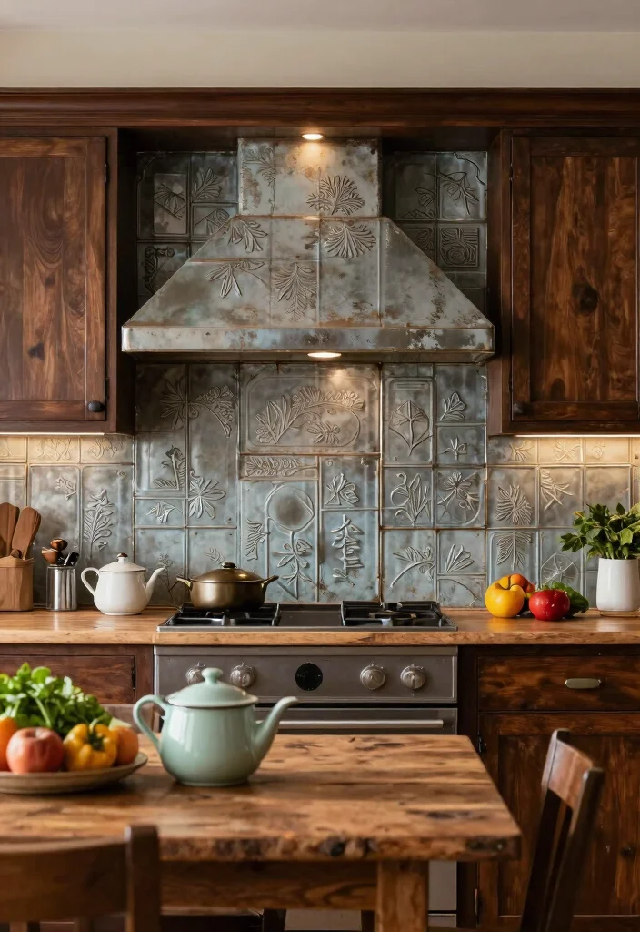 12 Brown Cabinet Backsplash Ideas for a Rich Coordinated Look 12. Vintage Tin Panels 0