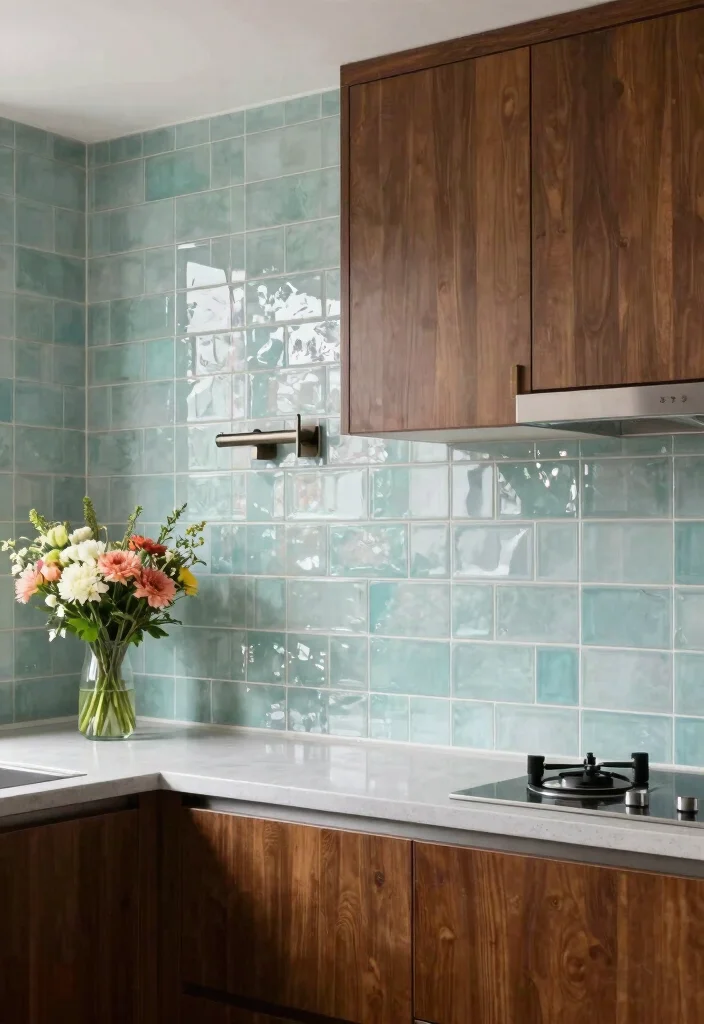 12 Brown Cabinet Backsplash Ideas for a Rich Coordinated Look 5. Shimmering Glass Tiles 0