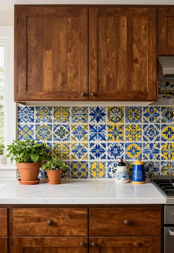 12 Brown Cabinet Backsplash Ideas for a Rich Coordinated Look 9. Patterned Ceramic Tiles 0