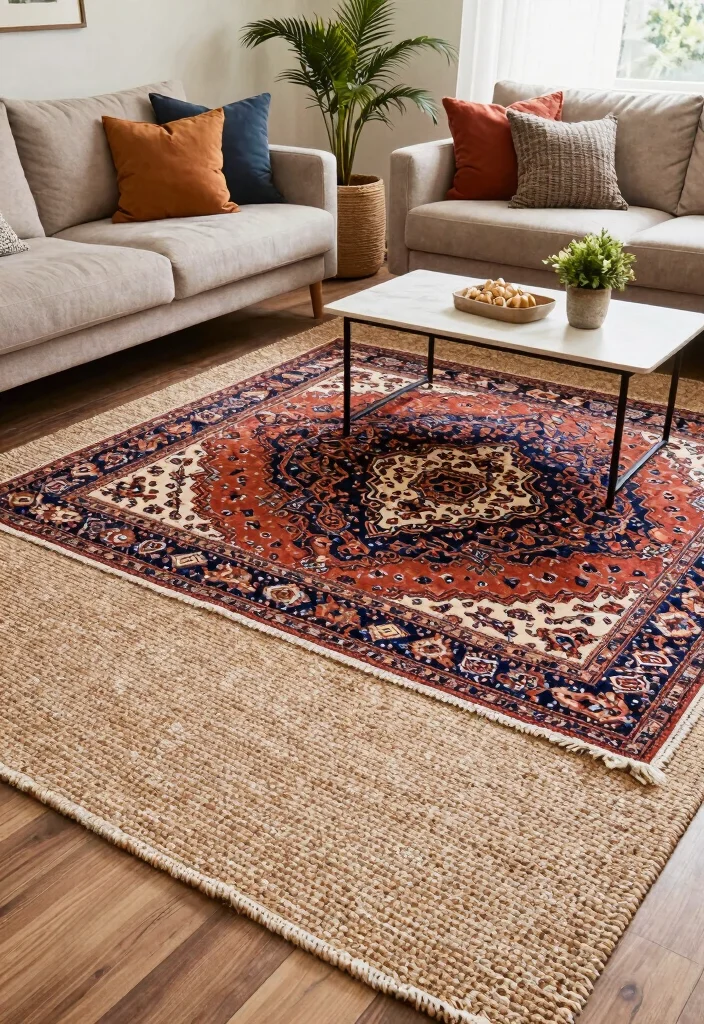 12 Carpeted Living Room Ideas for Warm Comfortable Spaces 5. Layered Rugs for Comfort 0