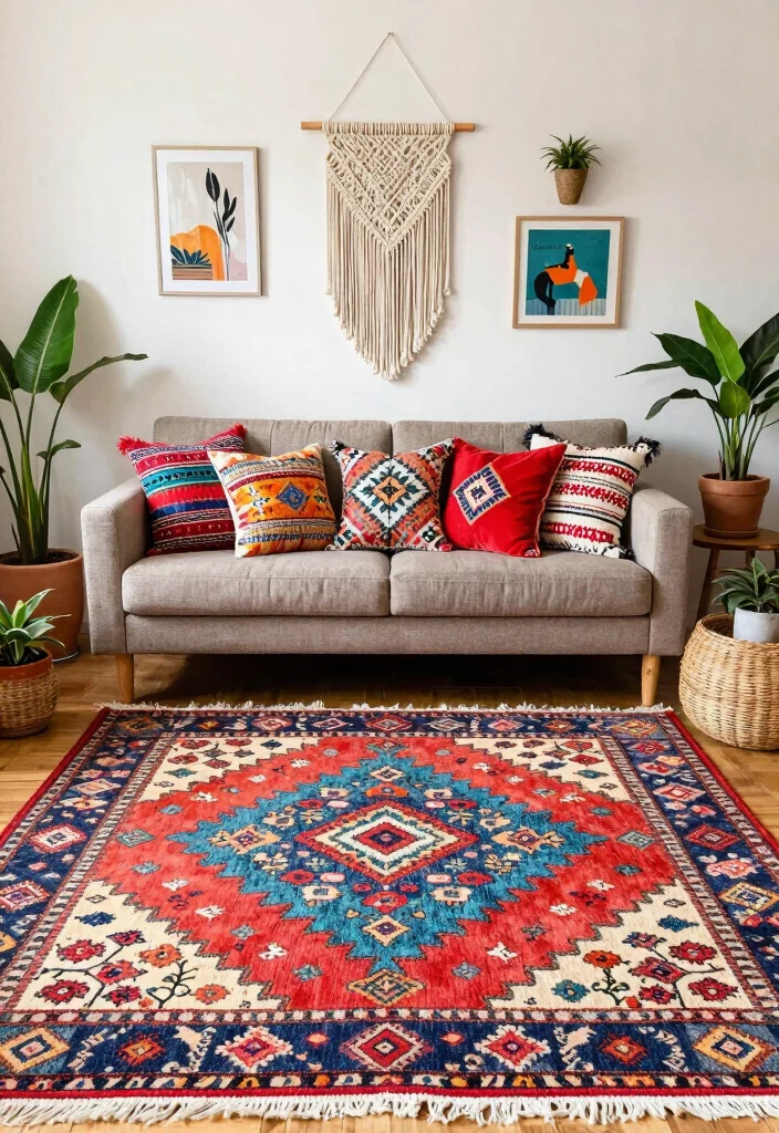 12 Carpeted Living Room Ideas for Warm Comfortable Spaces 7. Bohemian Vibes with Colorful Rugs 0