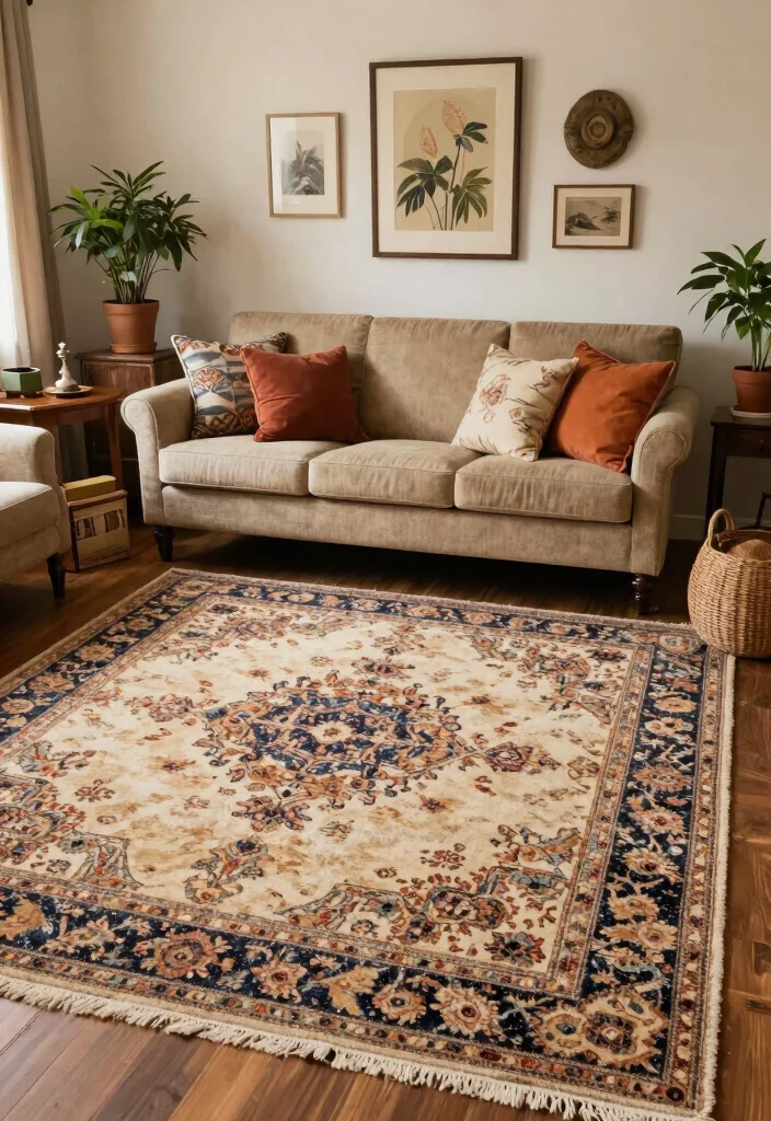 12 Carpeted Living Room Ideas for Warm Comfortable Spaces 8. Vintage Inspired Carpets 0