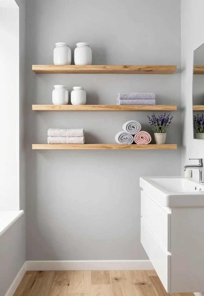 12 Cute Small Bathroom Ideas with Fresh Aesthetic Charm 2. Maximize Storage with Floating Shelves 0
