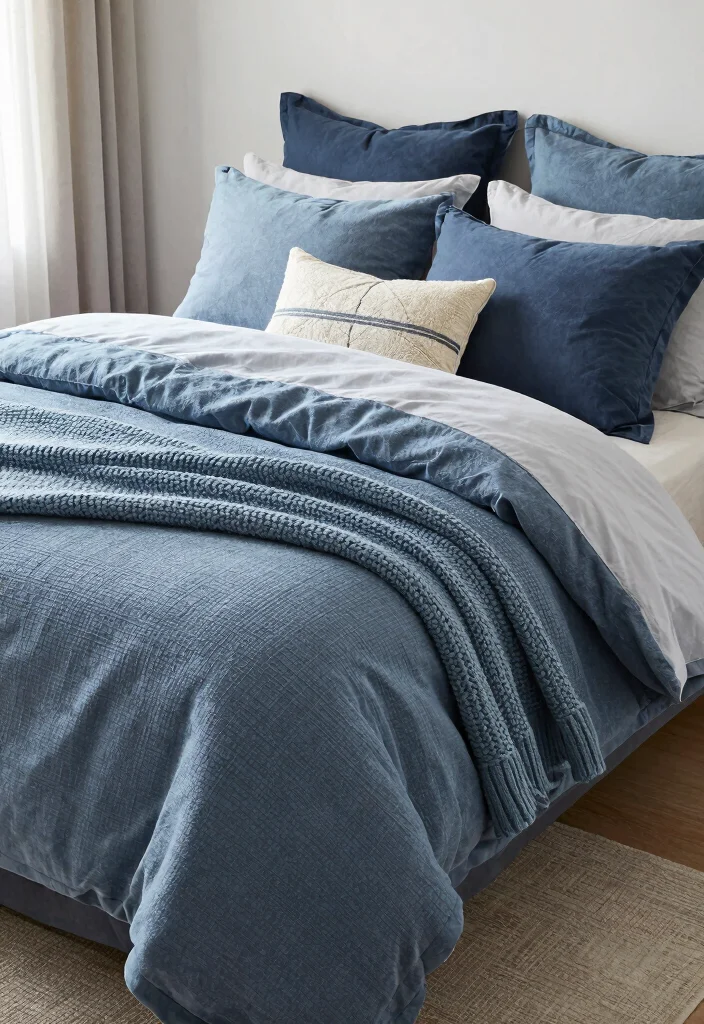 12 Dusty Blue Bedroom Ideas for a Calm Cozy Atmosphere 8. Dusty Blue Bedding Accessories 0