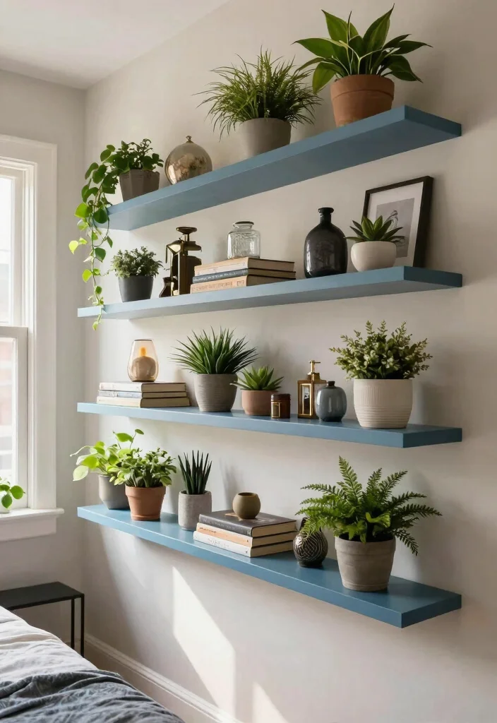 12 Dusty Blue Bedroom Ideas for a Calm Cozy Atmosphere 9. Dusty Blue Decorative Wall Shelves 0