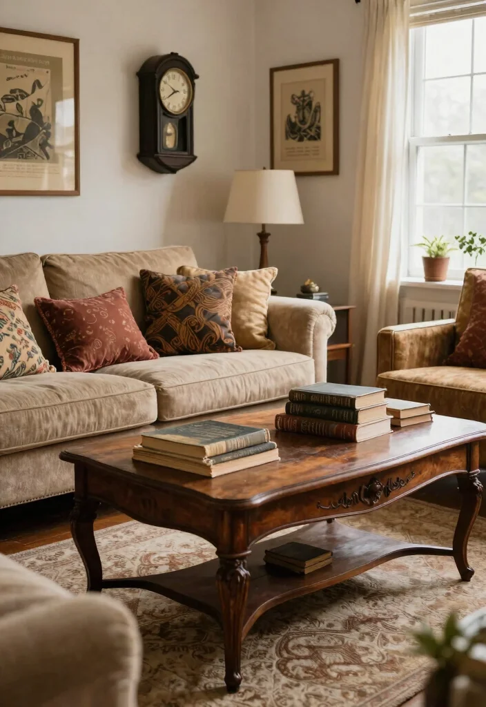 12 Fall Living Room Ideas with Warm Seasonal Style 10. Incorporate Vintage Finds 0