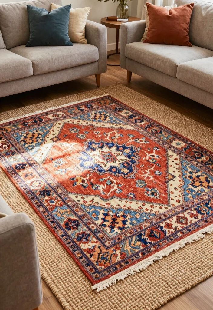 12 Fall Living Room Ideas with Warm Seasonal Style 6. Layered Rugs for Added Warmth 0