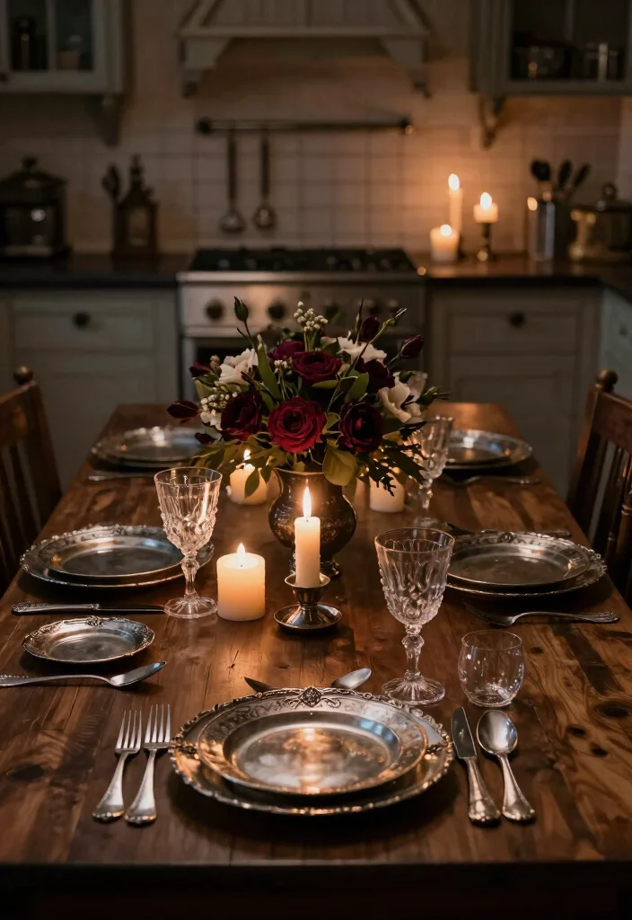12 Gothic Kitchen Ideas with Dark Dramatic Style 11. Vintage Table Settings 0