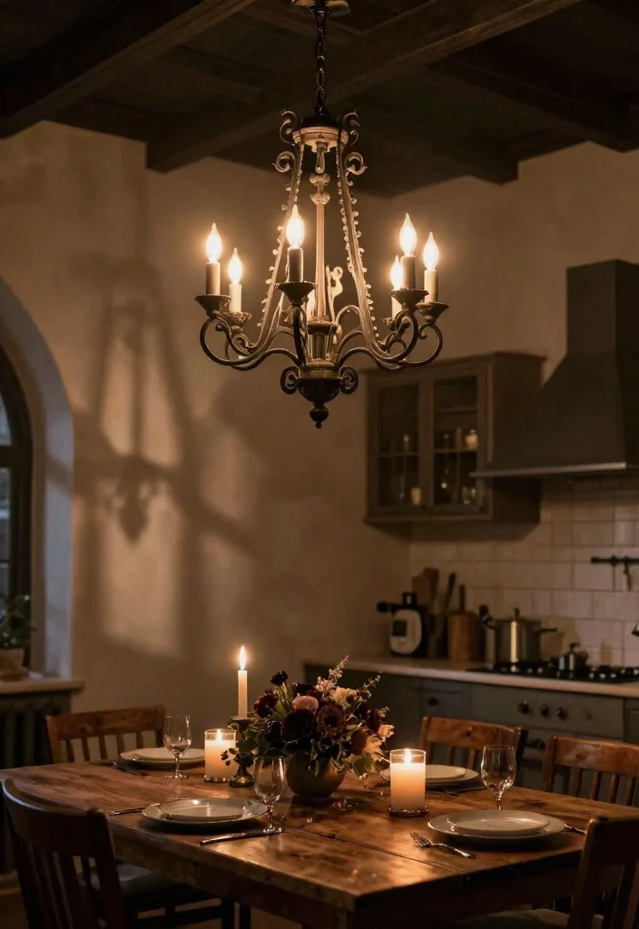 12 Gothic Kitchen Ideas with Dark Dramatic Style 3. Vintage Gothic Lighting 0