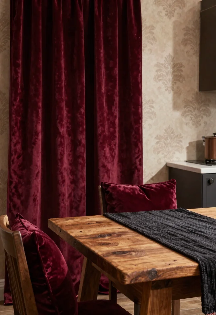 12 Gothic Kitchen Ideas with Dark Dramatic Style 4. Dramatic Textiles 0