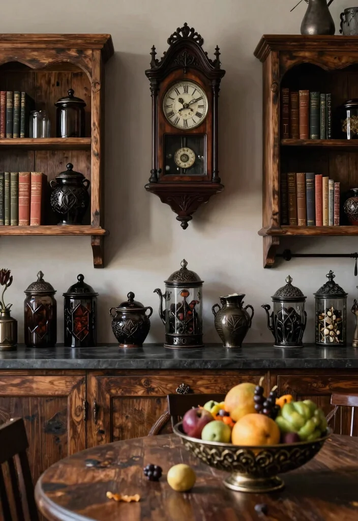 12 Gothic Kitchen Ideas with Dark Dramatic Style 5. Accessories with Intrigue 0