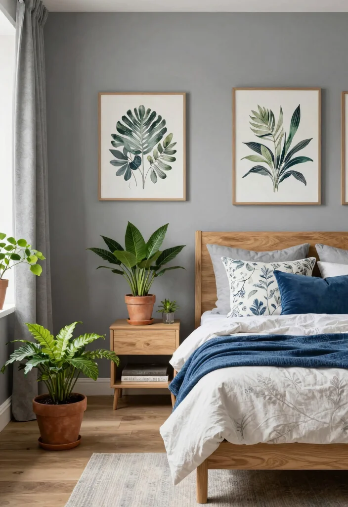12 Grey and Blue Bedroom Ideas for a Balanced Color Scheme 10. Botanical Bliss 0