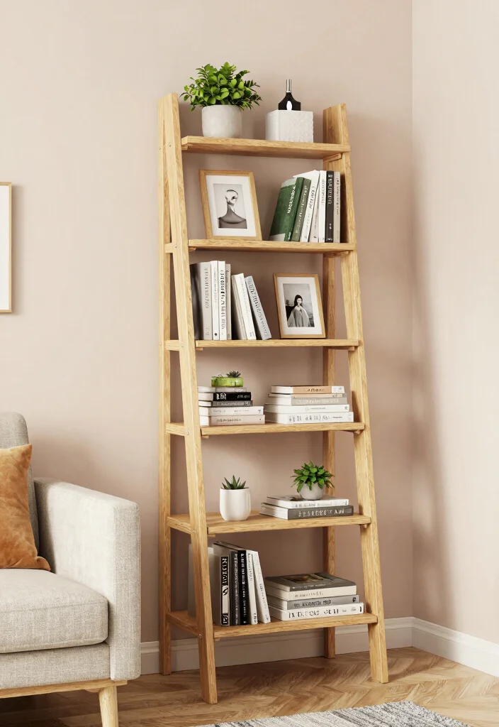 12 Living Room Bookshelf Ideas for Storage and Style 4. The Modern Ladder Look 0