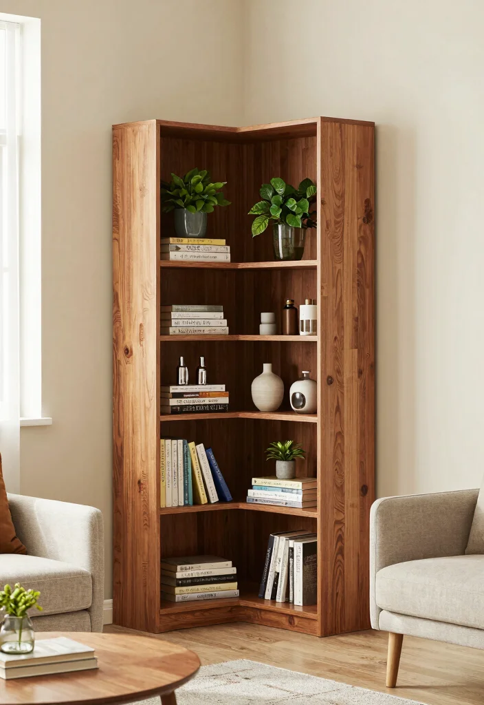 12 Living Room Bookshelf Ideas for Storage and Style 5. Corner Bookshelf Magic 0