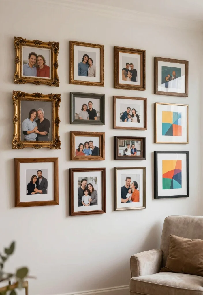 12 Living Room Frame Wall Ideas for Personal Decor 12 12 Living Room Frame Wall Ideas for Personal Decor 2. Eclectic Mix of Frame Styles 0