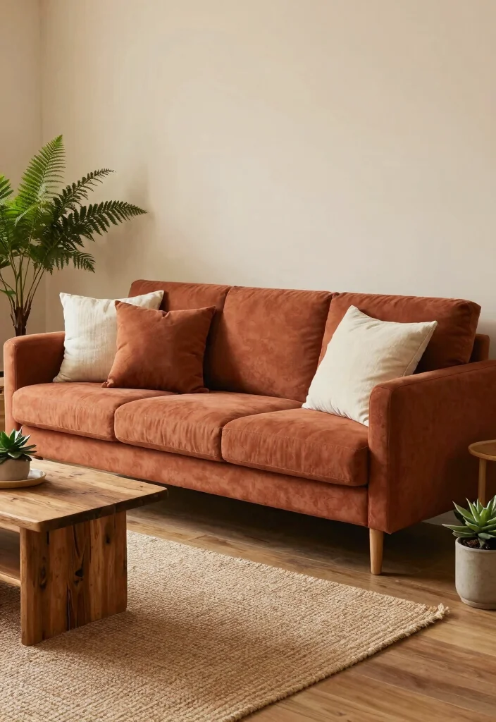 12 Living Room Sofa Color Ideas for Easy Styling 1. Earthy Terracotta 0