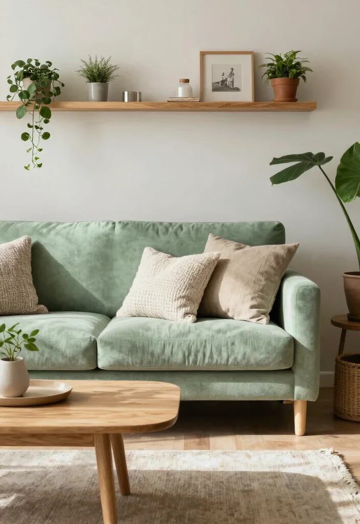 12 Living Room Sofa Color Ideas for Easy Styling 2. Soft Sage Green 0