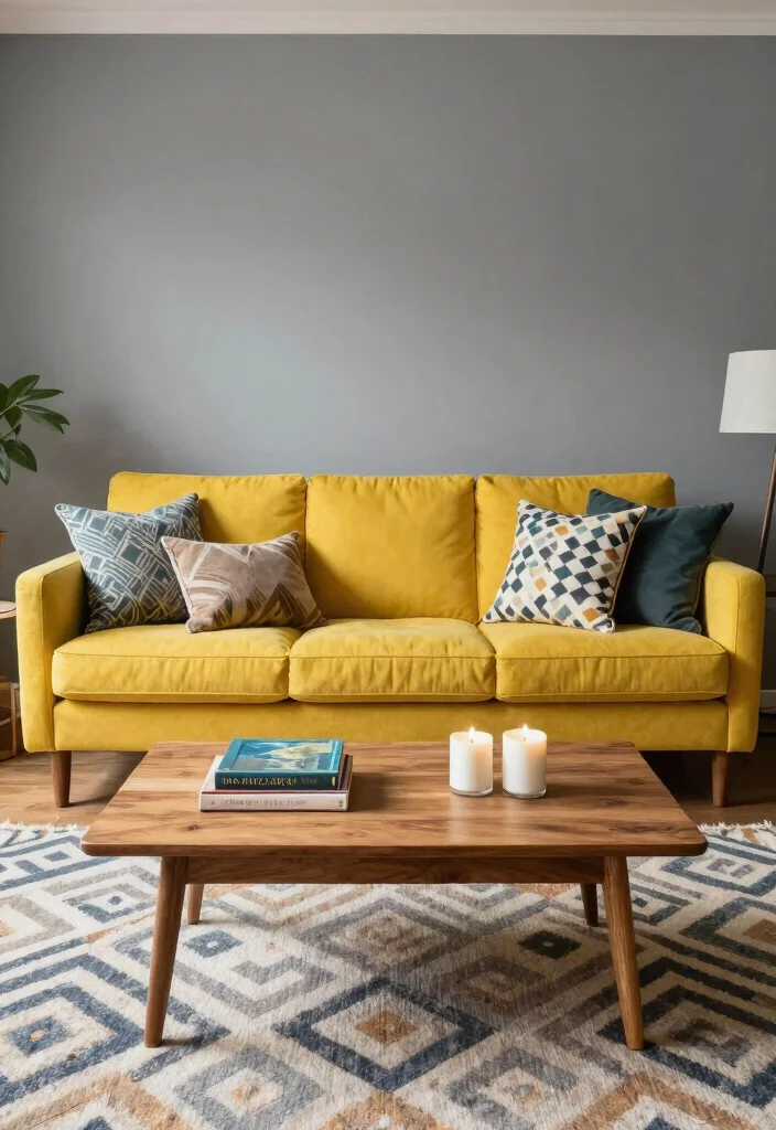 12 Living Room Sofa Color Ideas for Easy Styling 3. Bold Mustard Yellow 0