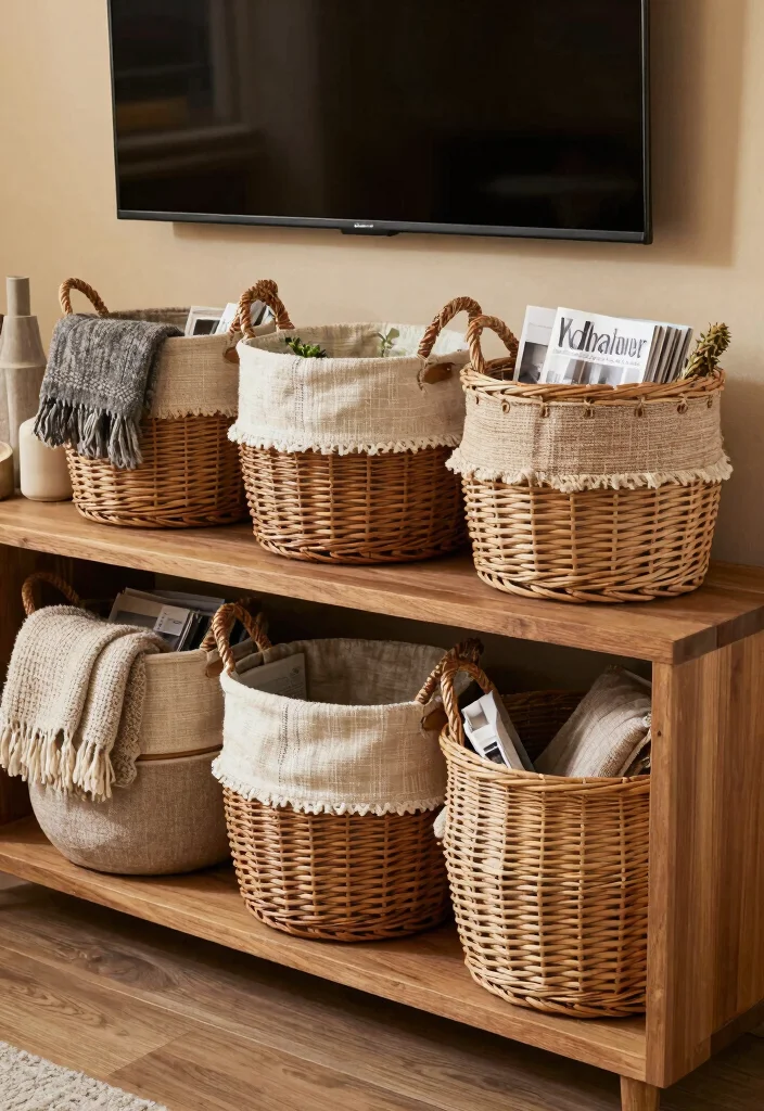 12 Living Room TV Stand Decor Ideas for a Finished Look 1 12 Living Room TV Stand Decor Ideas for a Finished Look 1. Layered Textures with Baskets 0