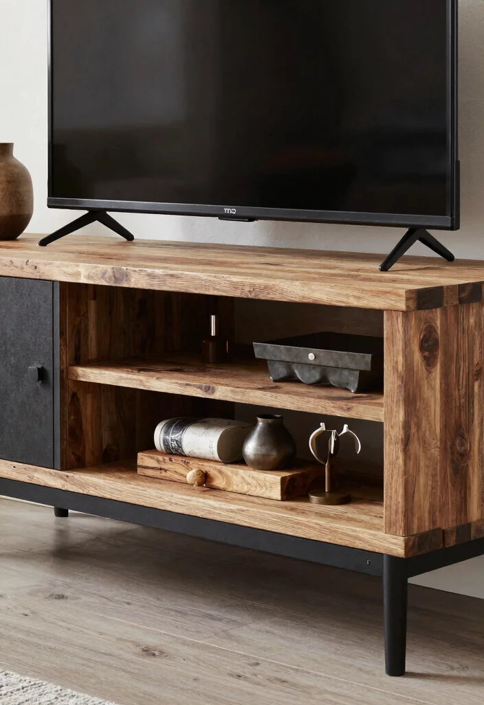 12 Living Room TV Stand Decor Ideas for a Finished Look 38 12 Living Room TV Stand Decor Ideas for a Finished Look 8. Mixing Modern and Rustic Elements 0