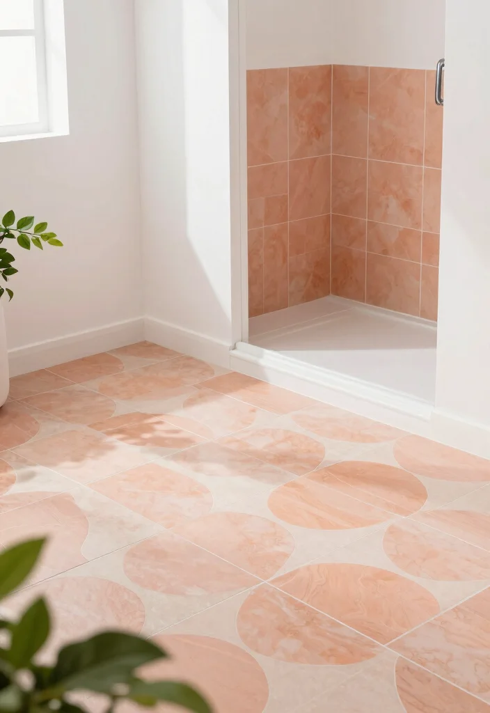 12 Peach Bathroom Ideas for a Soft Warm Modern Aesthetic 2. Peach Accented Tiles 0