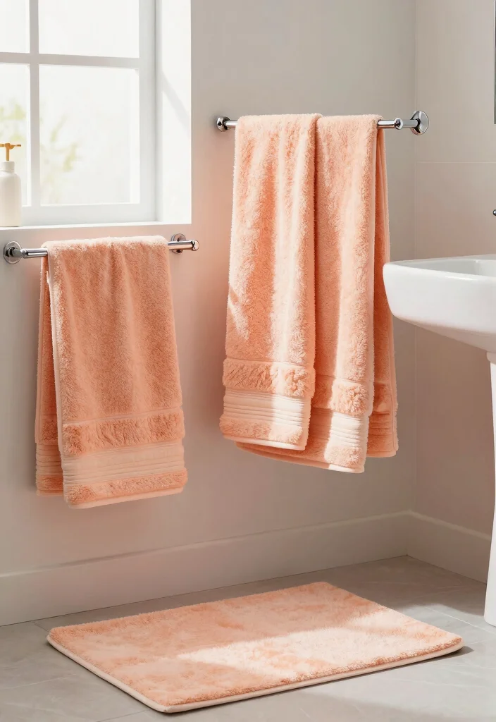 12 Peach Bathroom Ideas for a Soft Warm Modern Aesthetic 3. Peach Towels and Accessories 0