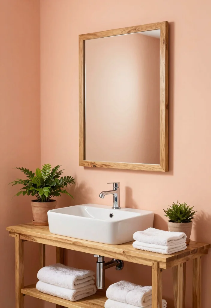 12 Peach Bathroom Ideas for a Soft Warm Modern Aesthetic 4. Natural Wood Accents 0
