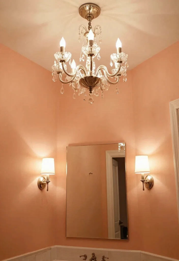 12 Peach Bathroom Ideas for a Soft Warm Modern Aesthetic 5. Dramatic Lighting Fixtures 0