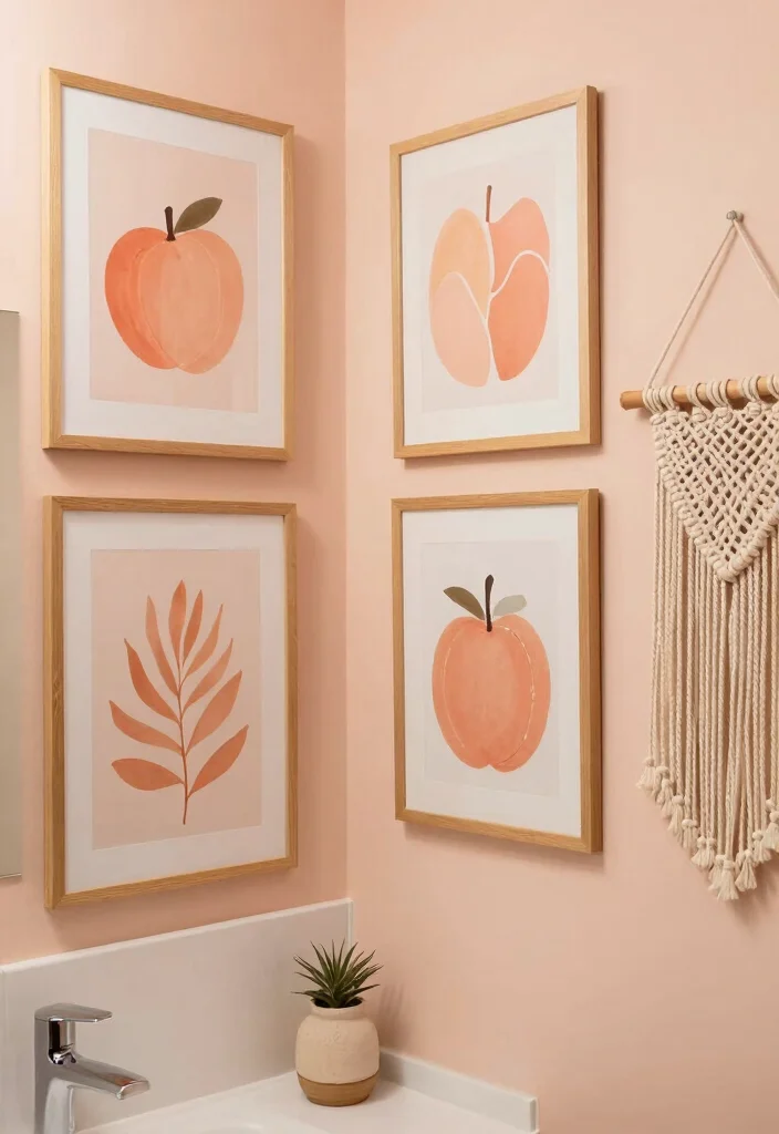 12 Peach Bathroom Ideas for a Soft Warm Modern Aesthetic 6. Peach Artwork and Decor 0