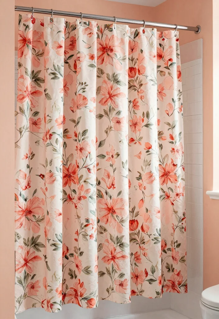 12 Peach Bathroom Ideas for a Soft Warm Modern Aesthetic 7. Chic Shower Curtains 0