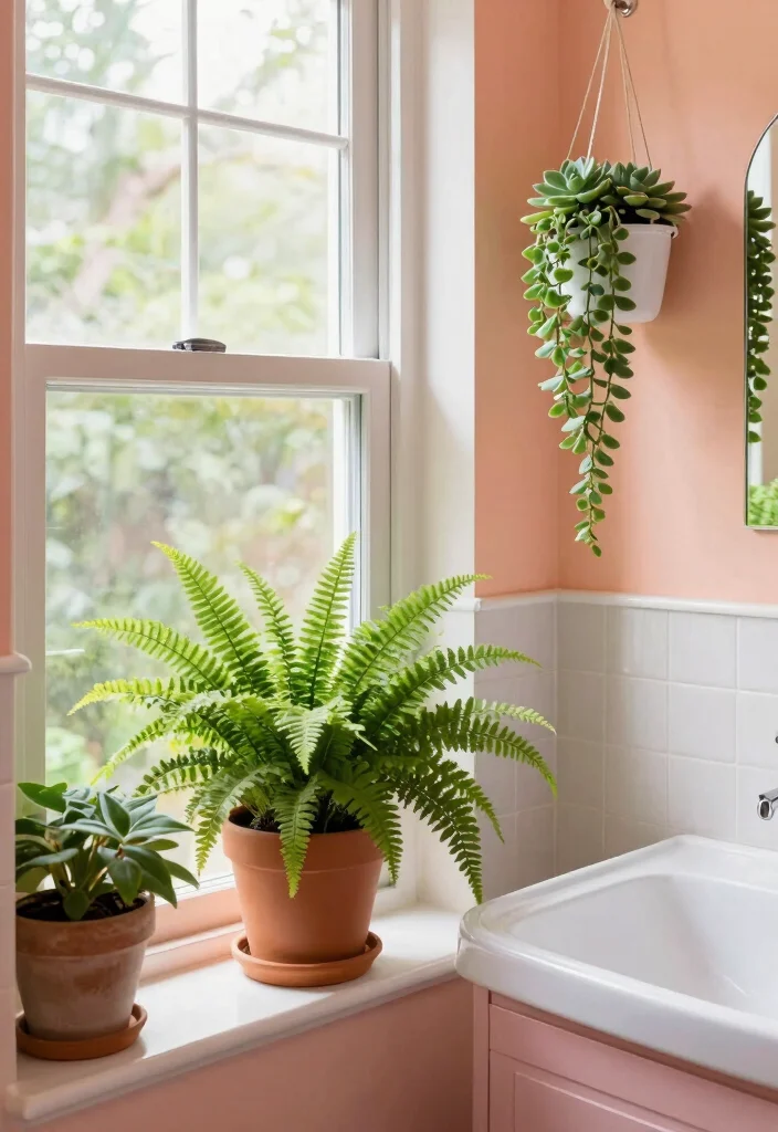 12 Peach Bathroom Ideas for a Soft Warm Modern Aesthetic 8. Fresh Greenery 0