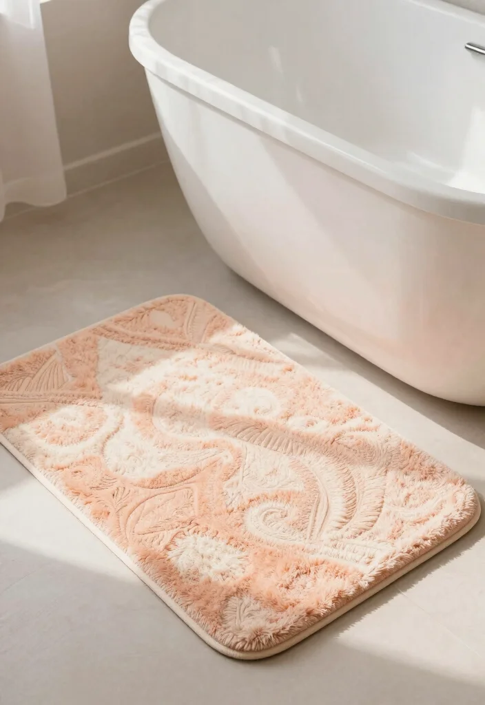 12 Peach Bathroom Ideas for a Soft Warm Modern Aesthetic 9. Elegant Bath Mats 0