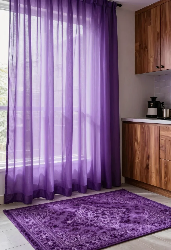 12 Purple Kitchen Ideas for a Bold Creative Space 10. Purple Curtains and Rugs 0