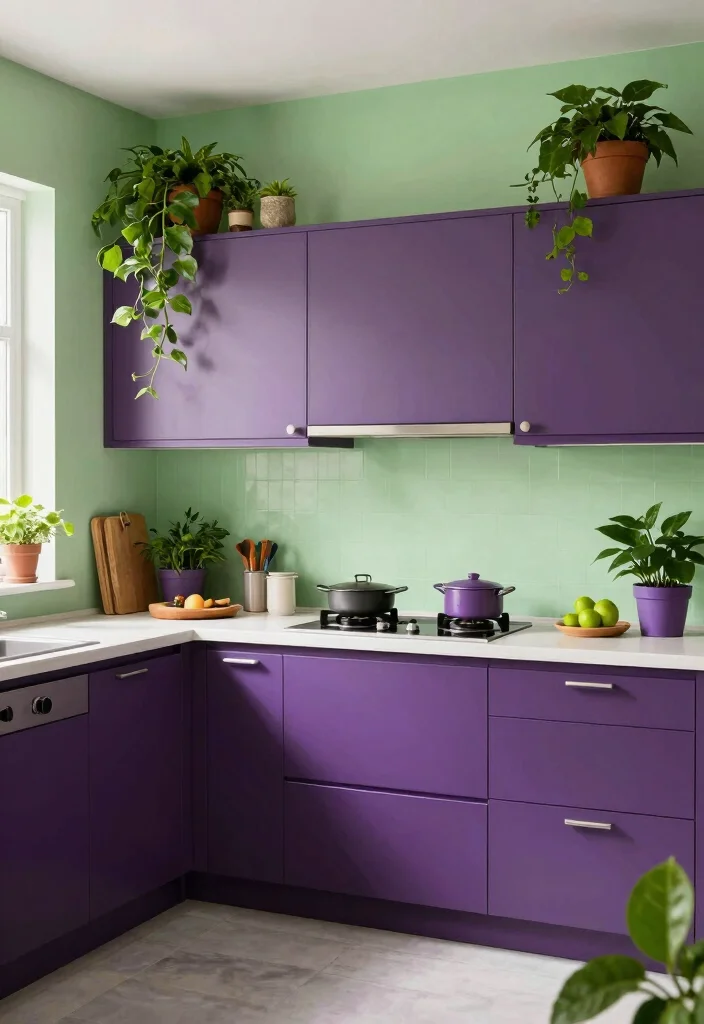12 Purple Kitchen Ideas for a Bold Creative Space 11. Contrasting Purple and Green 0