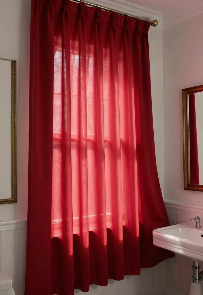 12 Red Bathroom Ideas for Bold Confident Interior Style 11. Elegant Red Curtains 0